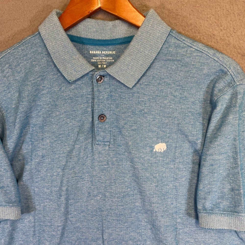 Banana Republic Polo Shirt Men Medium Blue Elephant Logo Birdseye Cotton Casual